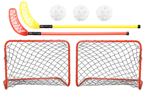 Startpakken - 90x60 cm. mål med 80 cm. stave - Udendørs til børn og unge - Unihoc floorball sæt - 2 mål, 2 stave og 3 bolde